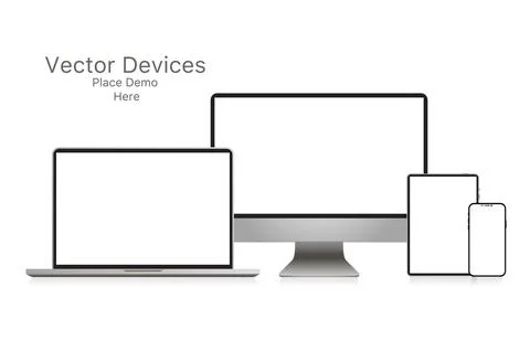 Mockup realistic device. Set of laptop, tablet, computer and phone. Vector Stock Illustration