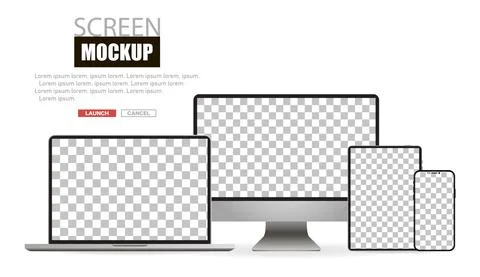 Mockup realistic device. Set of laptop, tablet, computer and phone. Vector Illustrazione stock