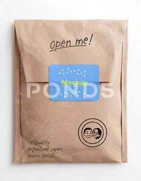 Mockup of a rectangular sticker on brown shipping packaging, top view PSD Template
