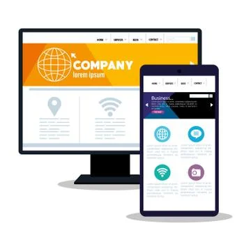 Mockup responsive web, concept website development in desktop computer and Illustrazione stock