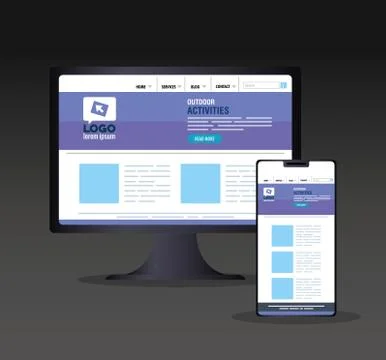 Mockup responsive web, concept website development in desktop computer and Illustrazione stock