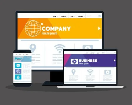 Mockup responsive web, concept website development in computer, laptop and Stock Illustration