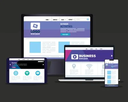 Mockup responsive web, concept website development, in electronics devices Illustrazione stock