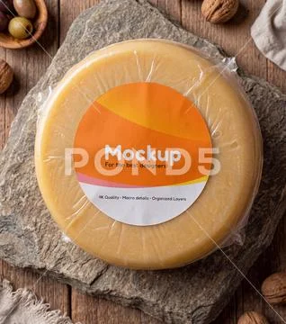 Mockup of a round cheese sticker, top view PSD Template