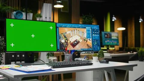 Mockup screen and architectural interface on dual monitors for interior design Stock Photos