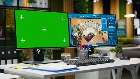 Mockup screen and architectural interface on dual monitors for interior design Stock Photos