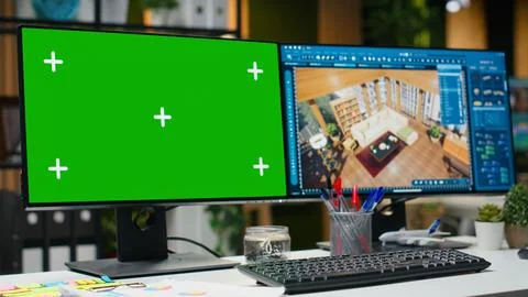 Mockup screen and architectural interface on dual monitors for interior design Stock Photos