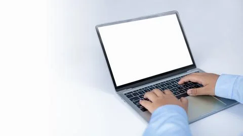Mockup screen blank, Workspace white background new project on laptop compu.. Stock-Fotos