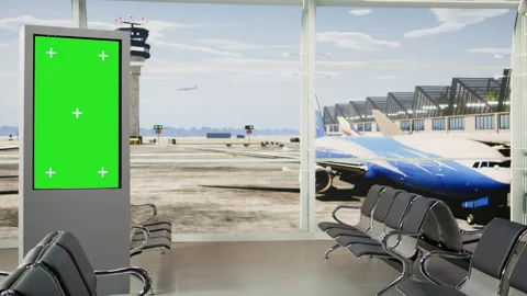 Mockup screen on board in empty waiting area at airport terminal Stock Footage 343736236