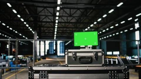 Mockup screen on tablet in empty factory interior with metal beams Stock Photos