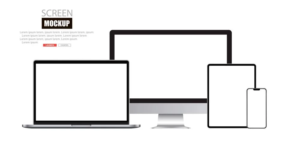 Mockup set of device. Realistic set of Monitor, laptop, tablet, smartphone. V Stock Illustration