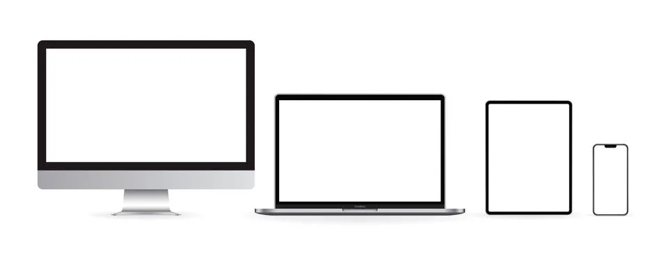 Mockup set of device. Realistic set of Monitor, laptop, tablet, smartphone. V Stock Illustration