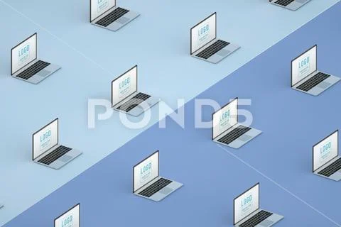 Mockup set of many open laptop on blue background. Isometric view. 3d render PSD Template