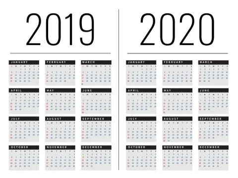 Mockup Simple calendar Layout for 2019 and 2020 years. Week starts from Monda Stock Illustration