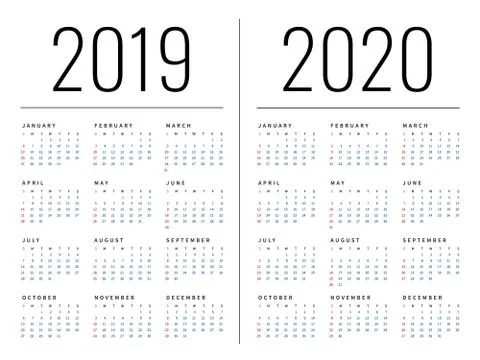 Mockup Simple calendar Layout for 2019 and 2020 years. Week starts from Monda Stock Illustration