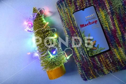 Mockup smartphone and Christmas tree PSD Template