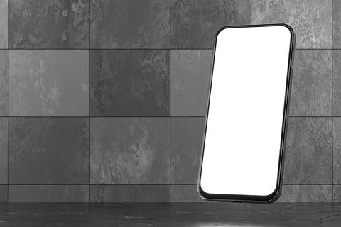 A mockup of a smartphone with a white screen on a concrete background. 3d ren Stock Illustration