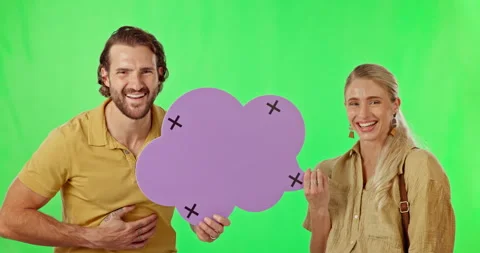 Mockup, speech bubble and laugh with couple on green screen for social media Stock Footage 246305571
