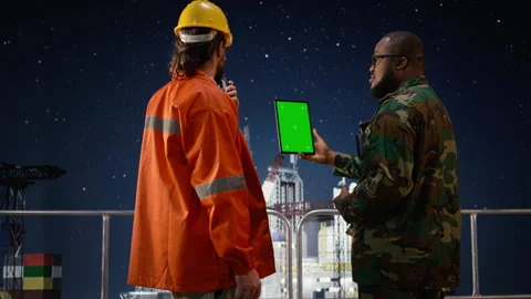 Mockup tablet, enforcing maritime blockade and military man on drilling rig Stock Footage 336198584