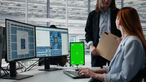 Mockup tablet, examining microchip circuit layout and female technician Stock Footage 335880569