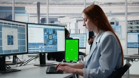 Mockup tablet, examining microchip circuit layout and female technician Stock Footage 335882294