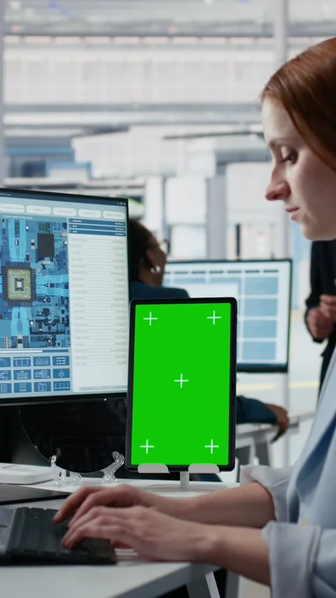 Mockup tablet, examining microchip circuit layout and female technician Stock Footage 335883705