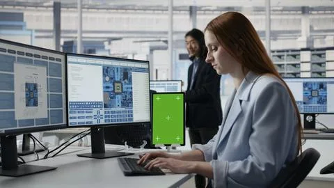 Mockup tablet, examining microchip circuit layout and female technician Stock Photos