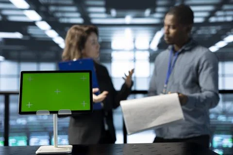 Mockup tablet in front of data center inspector reviewing paperwork files 스톡 사진