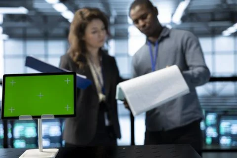Mockup tablet in front of inspector next to server room admin checking documents Foto stock