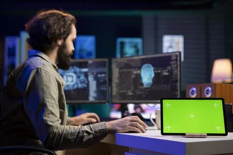 Mockup tablet next to self aware artificial intelligence discussing with man Stock Photos