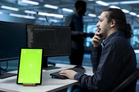 Mockup tablet, programmer and brainstorming in data center Stock Photos
