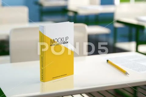 Mockup Textbook and pencil on school desk. 3d render PSD Template