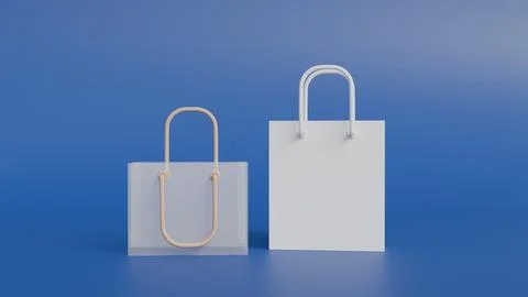 Mockup of two bags, polyethylene and white paper bags with handles on blue .. Illustration