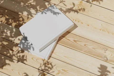 Mockup of two buried blank hardback books on wooden background, top view. B.. Illustrazione stock