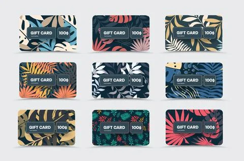 Mockup vector gift cards over black background with tropical design, jungle. Stock Illustration