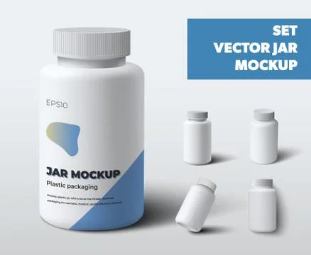 Mockup vector plastic jars with screw cap, white pill bottles, vitamin, for d Stock Illustration