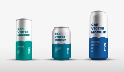 Mockup of vector tin cans with presentation of color design, aluminum water b Stock Illustration