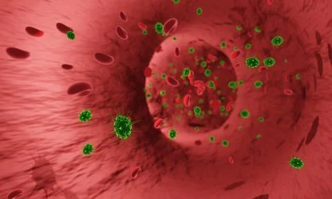 Mockup virus or bacteria and Red blood cells in an artery or blood vessel ,.. Illustrazione stock