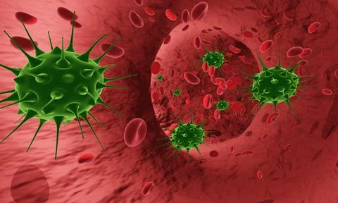 Mockup virus or bacteria and Red blood cells in an artery or blood vessel ,.. Illustrazione stock