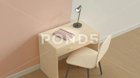 Mockup of wall and notebooks, bedroom with pure wood desk with a black lamp PSD Template