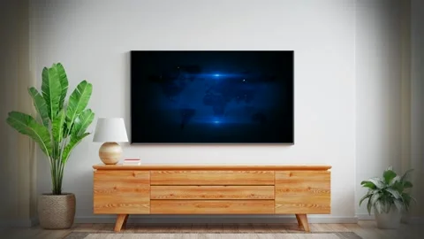 Mockup - with wall screen with moving dots, modern living room Video stock 157593957