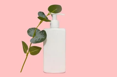 Mockup white container and eucalyptus branch. On a pink background. 写真素材