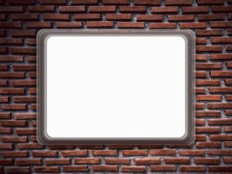 Mockup white rectangle frame hanging on vintage old grunge red brick wall t.. Foto stock