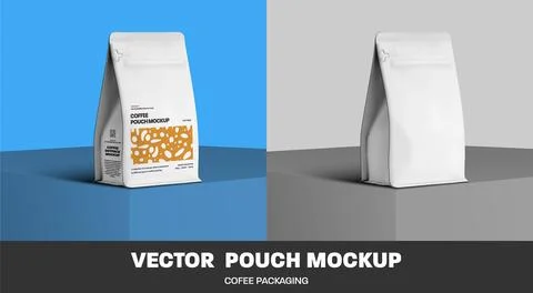 Mockup of white vector coffee pouch gusset zip pack, packaging for design, .. Stock Illustration