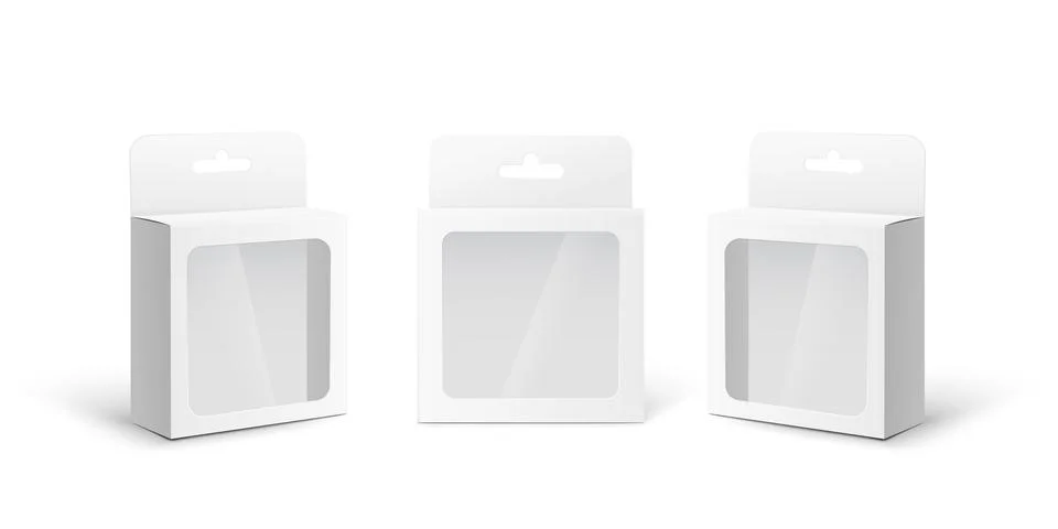 Mockups set of white box with plastic window, 3d vector illustration isolated Illustrazione stock