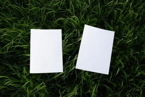 Mockups of two white A4 sheets on green grass Stock Photos