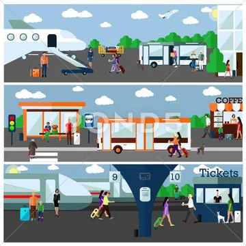 Mode of Transport concept vector illustration. Airport, bus and railway stations Stock Illustration