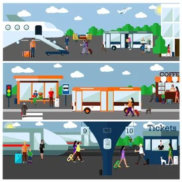 Mode of Transport concept vector illustration. Airport, bus and railway stations Stock Illustration
