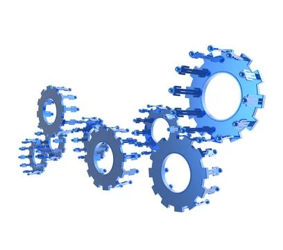 Model of 3d figures on connected cogs Stock Photos