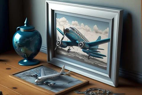Model airplanes and picture frames. Generative AI Stock Illustration